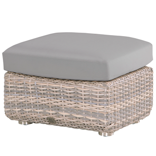 Brown and grey rattan footstool with a grey cushioned top