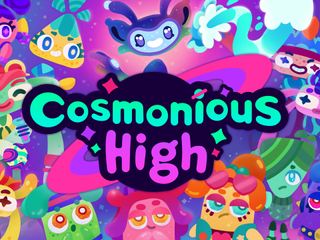 The Cosmonious High logo. Characters from the game are in the background.