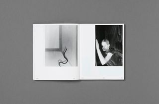 Open book with snake on left page and woman leaning against a wall on the right page.
