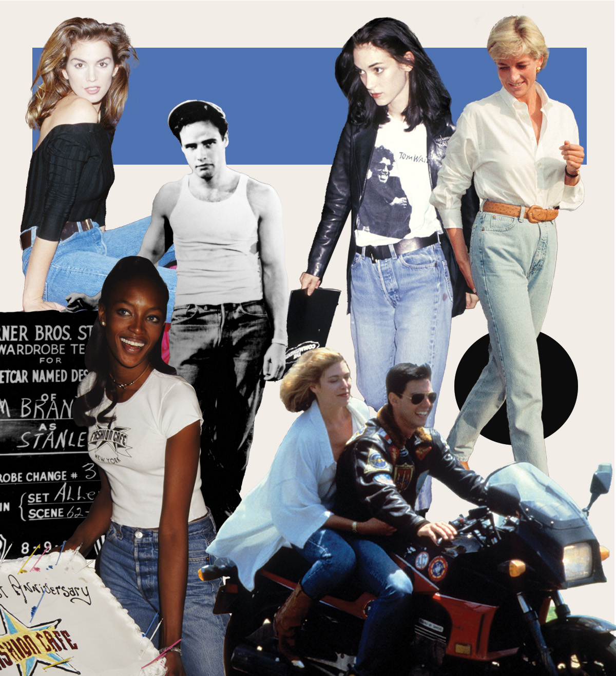 Archive photos of celebrities including Naomi Campbell, Princess Diana and Marlon Brando wearing Levi's 501 jeans