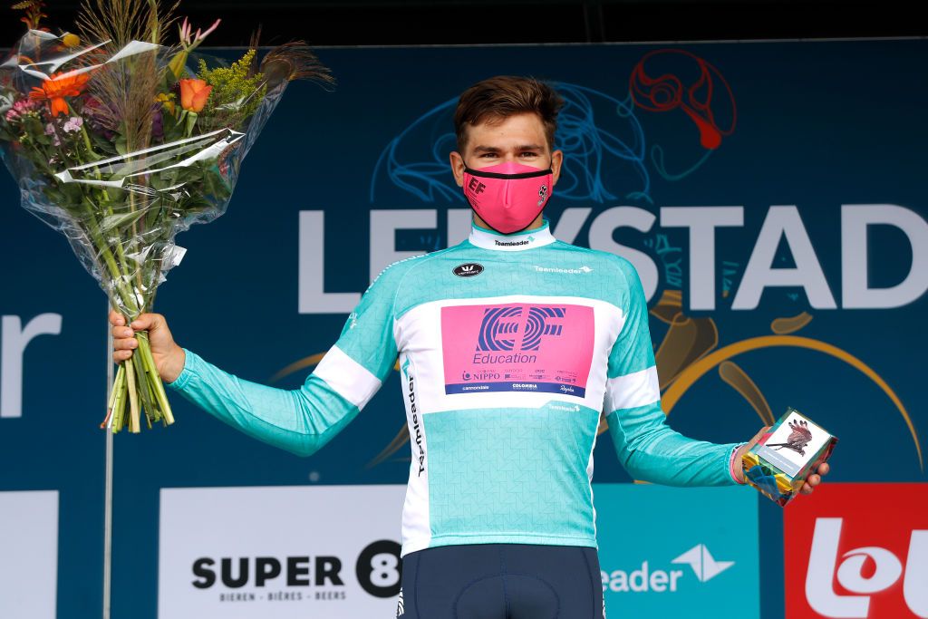 LELYSTAD NETHERLANDS AUGUST 31 Stefan Bissegger of Switzerland and Team EF Education Nippo celebrates winning the Turquoise Points Jersey on the podium ceremony after the 17th Benelux Tour 2021 Stage 2 a 111km Individual Time Trial stage from Lelystad to Lelystad ITT BeneluxTour on August 31 2021 in Lelystad Netherlands Photo by Bas CzerwinskiGetty Images