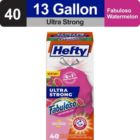 Hefty Ultra Strong 13 Gallon Trash Bags, Tall Kitchen Trash Bags, Pink, Fabuloso Watermelon Scent, 40 Bags