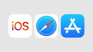 The iOS, Safari and App Store logos on a grey background