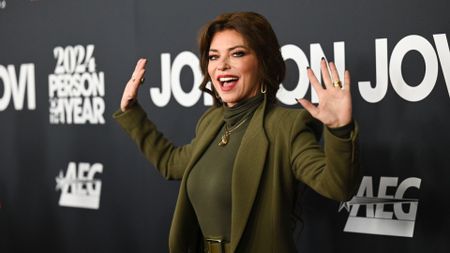 Shania Twain wearing khaki turtle neck top and blazer at the 2024 MusiCares Person of the Year Gala