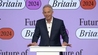 A screenshot from a YouTube video showing Tony Blair delivering a speech on "the Tech Revolution and Britain’s Economic Growth" 