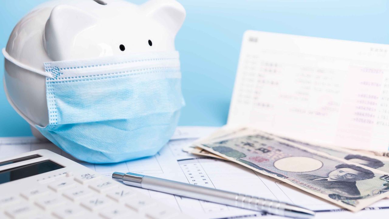 picture of masked piggy bank next to papers and money