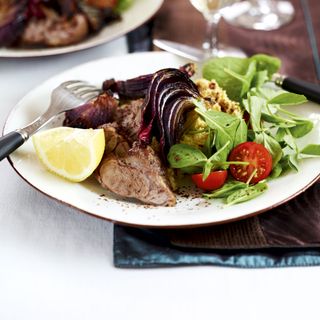 Sumac Lamb with Houmous and Roasted Red Onions