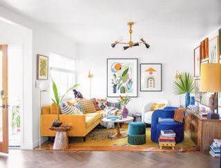 small living room with yellow and blue furniture