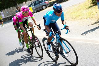 Nairo Quintana (Movistar) tries to chase back to the main field after two broken wheels during stage 1 at the Tour de France