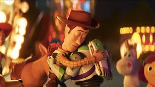 Woody and Buzz hug farewell in Toy Story 4