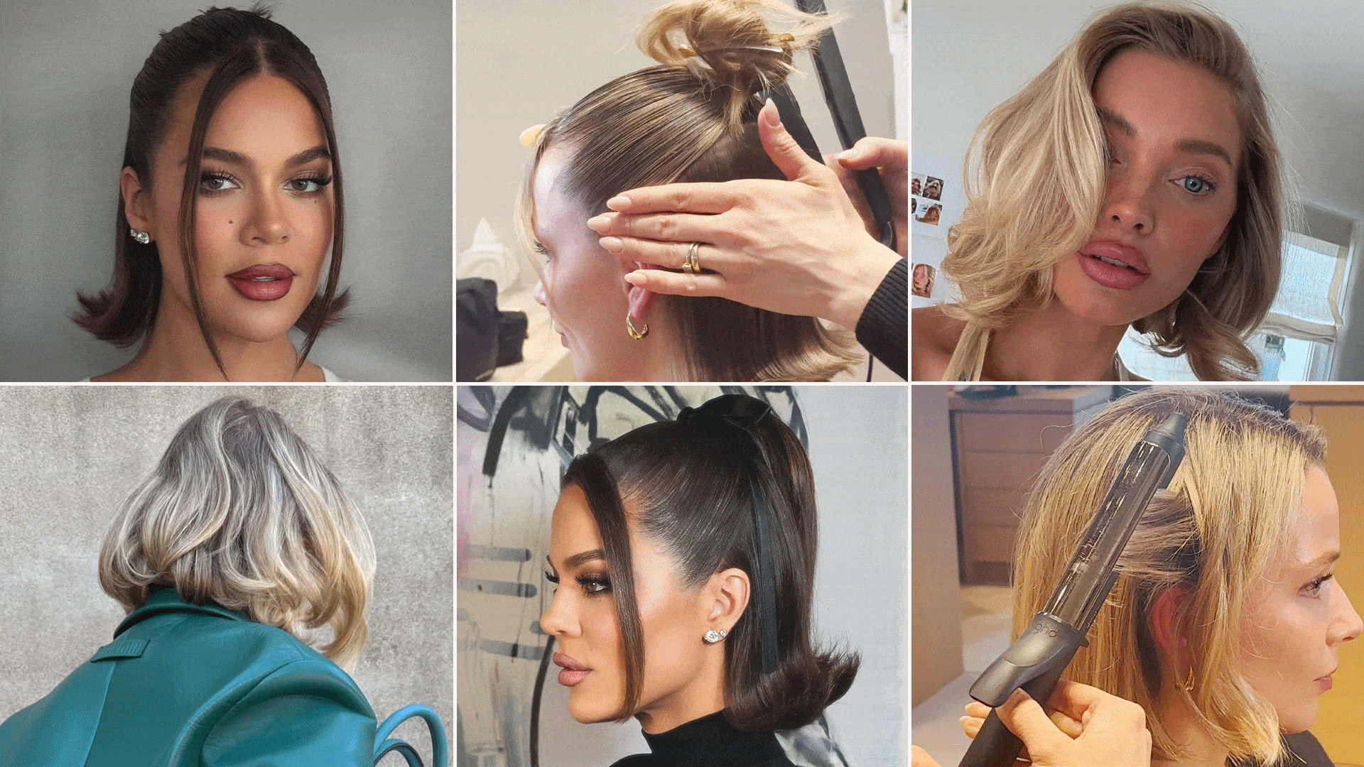Images of Khloé Kardashian, Elsa Hosk, and Emma Hughes with hairstyles by Justine Marjan.