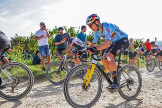 Wout van Aert (Belgium) endured a tough day out on the gravel roads in Veneto s