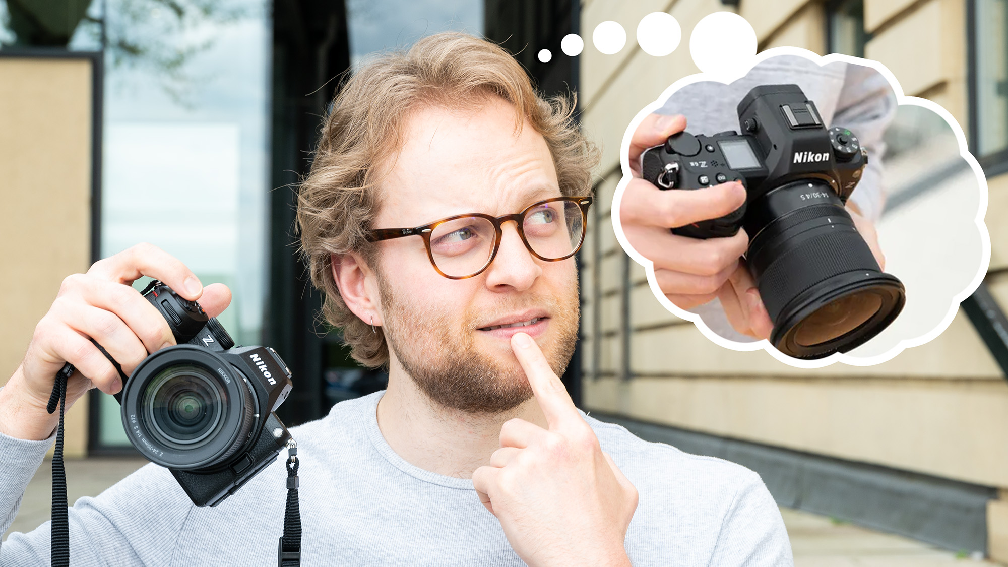 Mike Harris holding Nikon Z5 II, while contemplating the Nikon Z6 III in a thought bubble