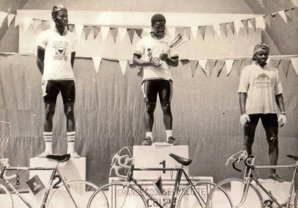 Saka atop the podium after winning the 1987 Beninese Independence Day Road Race.