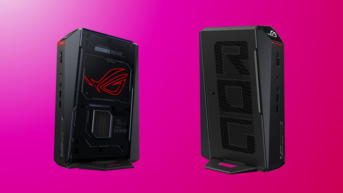 An image showing two Asus ROG NUC 2025 desktop PCs against a gradient red background