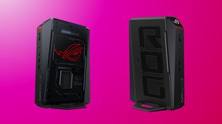 An image showing two Asus ROG NUC 2025 desktop PCs against a gradient red background