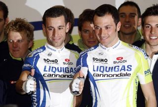 Thumbs up. Vincenzo Nibali and Ivan Basso lead the Liquigas-Cannondale charge.