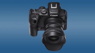 The Sigma 10-18mm f/2.8 DC DN | Contemporary lens for Canon RF, mounted to a Canon EOS R7, against a blue background