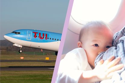 Tui plan split layout with woman breastfeeding a baby on plane