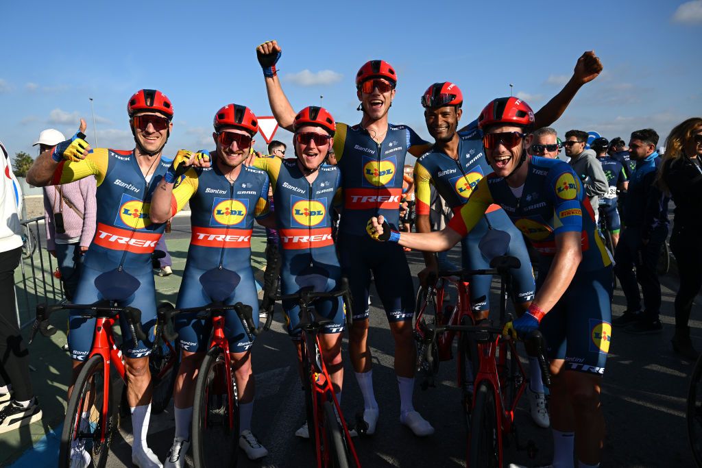 ORIHUELA SPAIN FEBRUARY 02 Simone Consonni of Italy Amanuel Ghebreigzabhier of Eritrea Patrick Konrad of Austria stage winner Jonathan Milan of Italy Sam Oomen of The Netherlands Edward Theuns of Belgium and Team Lidl Trek react after the 75th Volta a la Comunitat Valenciana 2024 Stage 3 a 1613km stage from San Vicente del Raspeig to Orihuela on February 02 2024 in Orihuela Spain Photo by Dario BelingheriGetty Images