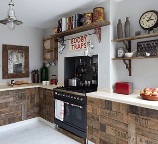 shabby chic kitchen with reclaimed wood cabinets
