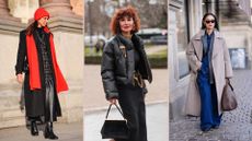 how to pick a warm winter coat 2024: composite of three street style images of women wearing warm winter coats