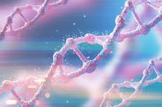 illustration of dna &ndash; pink and blue DNA strands in a helix shape