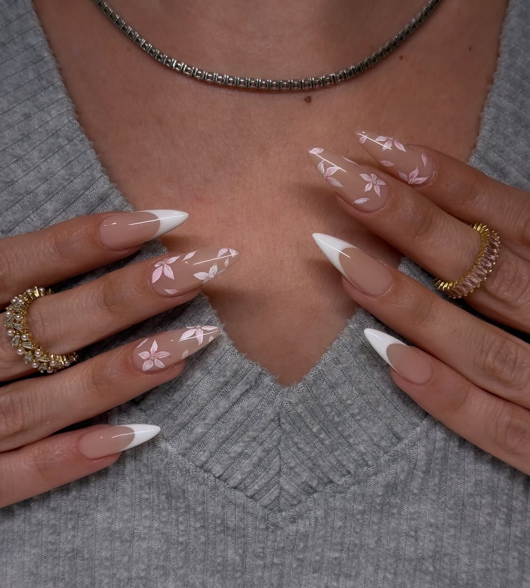 french tip cherry blossom nails