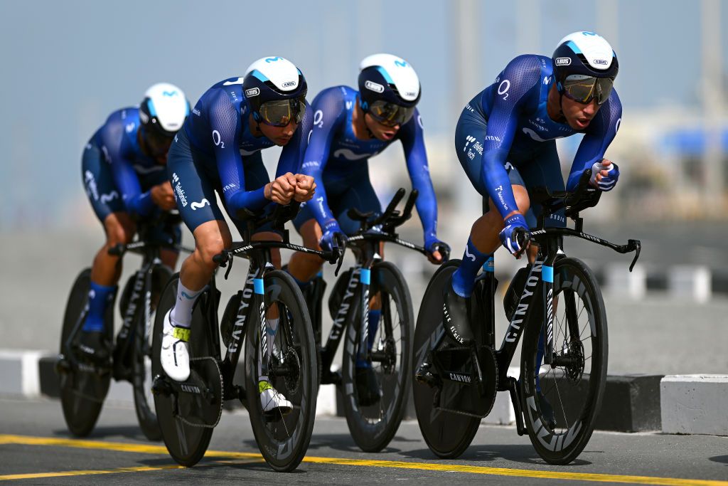 KHALIFA PORT UNITED ARAB EMIRATES FEBRUARY 21 LR Oscar Rodriguez Garaicoechea of Spain Albert Torres Barcelo of Spain and Movistar Team competing during the 5th UAE Tour 2023 Stage 2 a 173km team time trial in Khalifa Port UAETour on February 21 2023 in Khalifa Port United Arab Emirates Photo by Dario BelingheriGetty Images