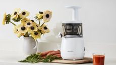 A Hurom HP Juicer on a countertop with carrots and flowers in the background