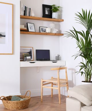 A white home office space with light wooden shelves with black books and wall art prints, a white desk with a laptop, a light brown curved wooden chair underneath the desk with a woven basket to the left and a tall spiky plant to the right