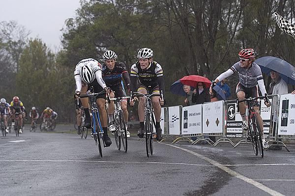 Richard Lang (far left) of Titans-Race takes out stage two much to the chagrin of Fly V Australia&rsquo;s David Kemp (far right) and Budget Forklift&rsquo;s Cameron Jennings (second from right).