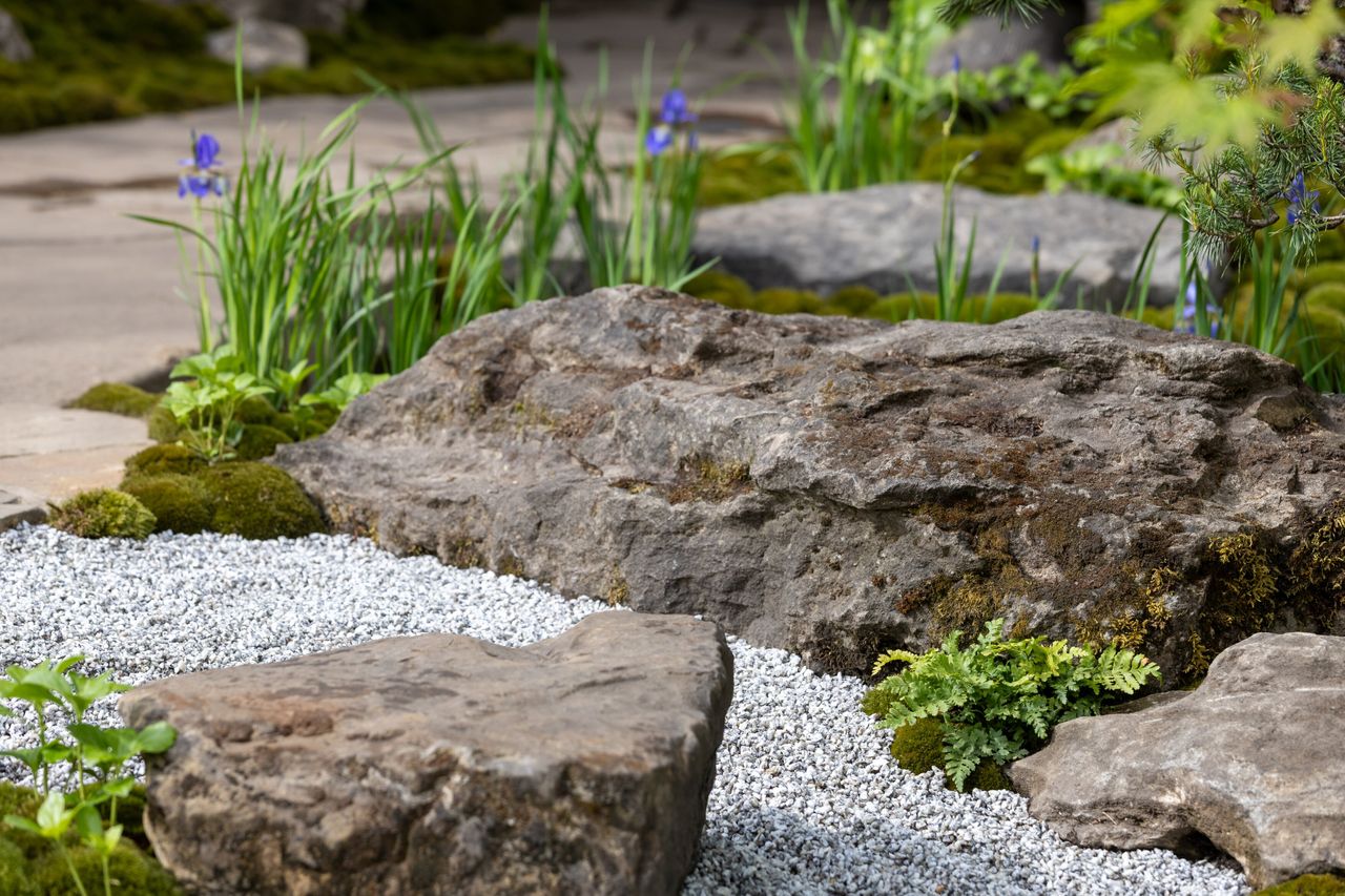Details of the Tokonoma Garden &ndash; Sanumaya no Niwa, a nostalgic garden scene in a japanese style. IE lots of moss and bonsai and stones