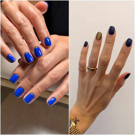 two collage images of cobalt blue nails and blue nails with gold detailing