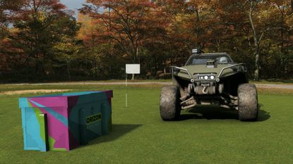 Forza Horizon 6 warthog car next to minamino golf course flagpole and a horizon festival treasure chest
