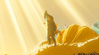 Link holding up the Master Sword as bright yellow light shines down