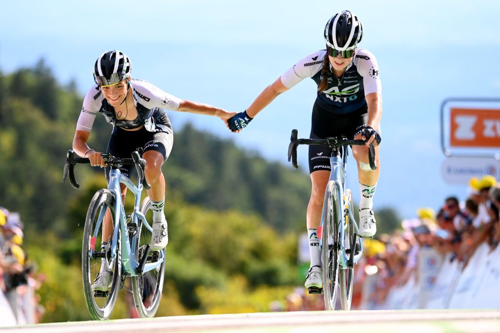 PLANCHE DES BELLES FILLES FRANCE JULY 31 Anya Louw of Australia and Ilse Pluimers of Netherlands and Team AG Insurance NXTG react after the 1st Tour de France Femmes 2022 Stage 8 a 1233km stage from Lure to La Super Planche des Belles Filles TDFF UCIWWT on July 31 2022 in Planche des Belles Filles France Photo by Tim de WaeleGetty Images
