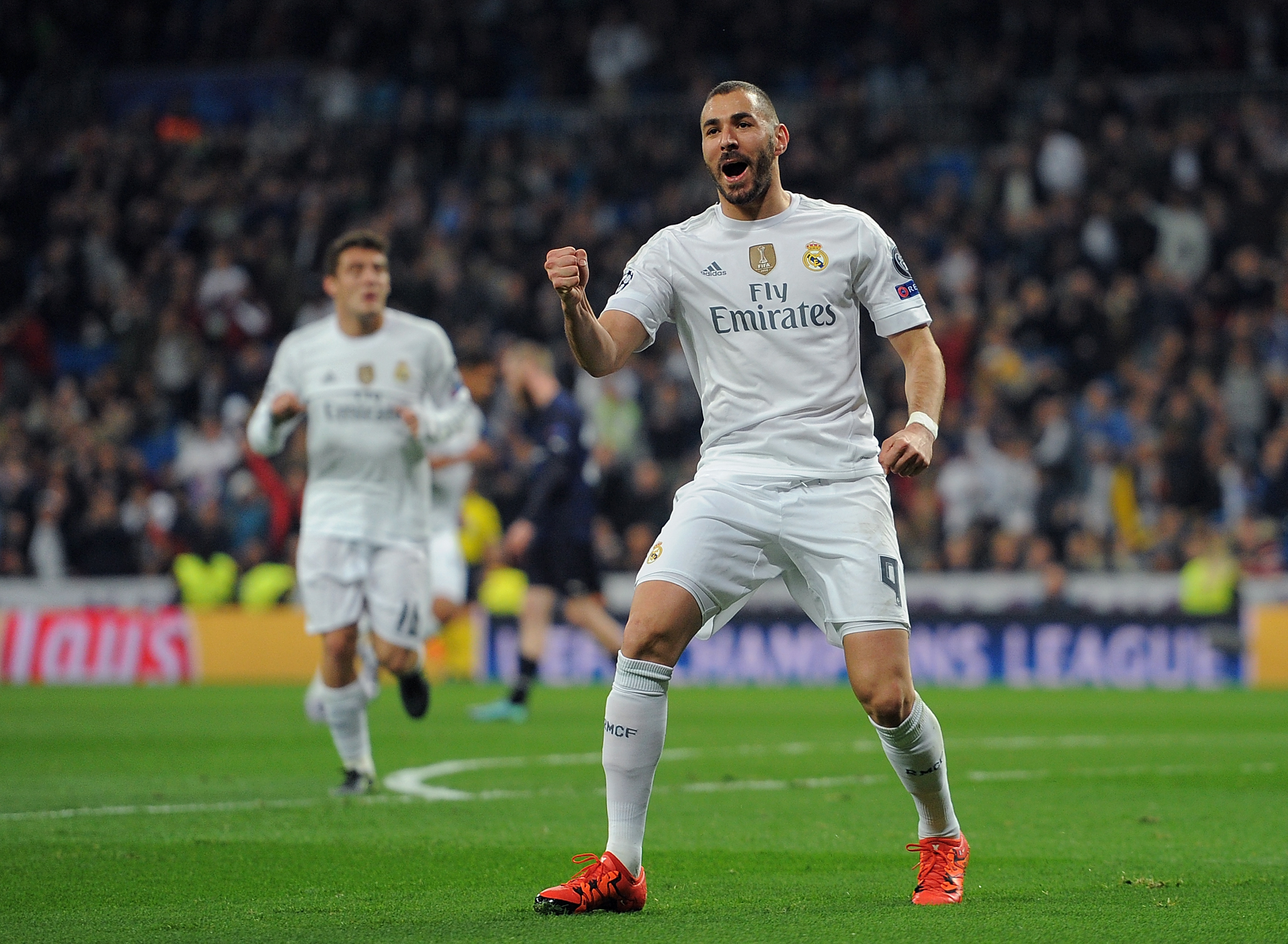 Karim Benzema celebrates after scoring Real Madrid's opening goal against Malmo in the Champions League in December 2015.