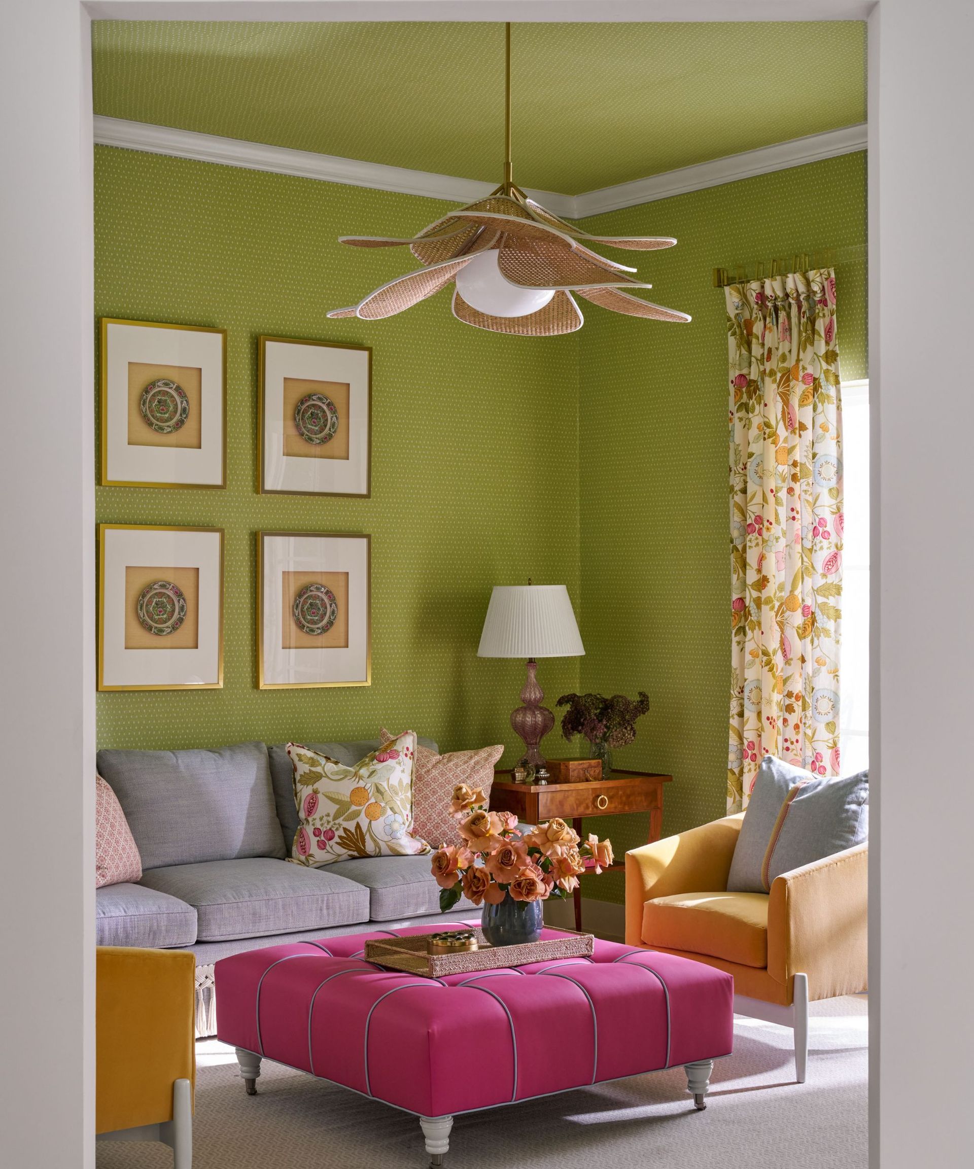 traditional living room with lime green walls