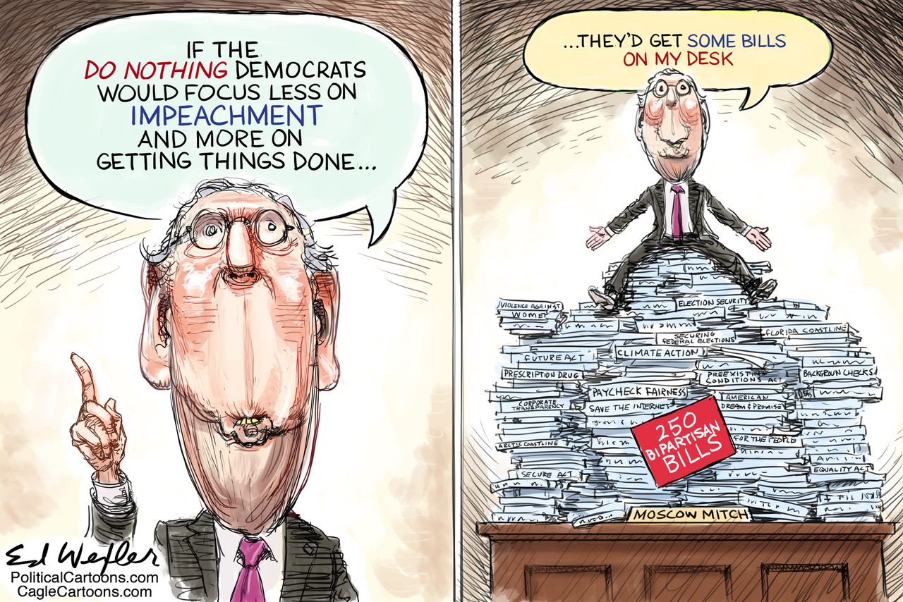 Political Cartoon U.S. Mitch McConnel Trump Impeachment Focus Stacked Bipartisan Bills