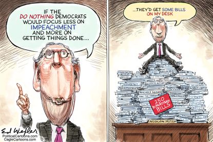 Political Cartoon U.S. Mitch McConnel Trump Impeachment Focus Stacked Bipartisan Bills