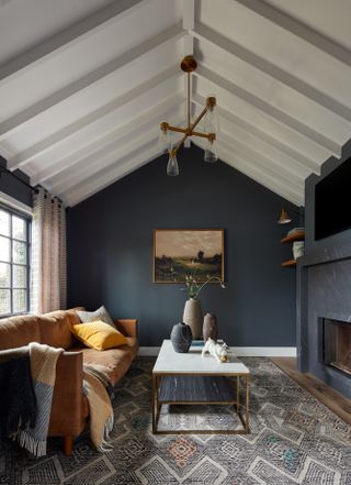 A blue and white living room with orange sofa and white vaulted ceiling