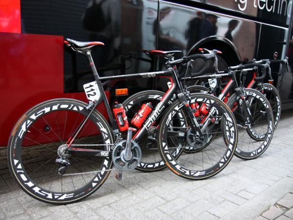 BMC's SLR01 Team Machines look like standard-issue framesets at the start of Scheldeprijs but they're actually slightly tweaked for better performance on the cobbles of Paris-Roubaix.