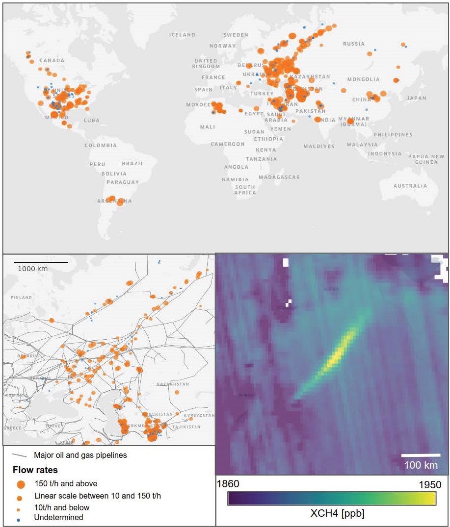 A global map of the 1,200 oil and gas methane plumes detected during the study; gas pipelines over Russia and central Asia; an example of a plume detected over northern Africa.