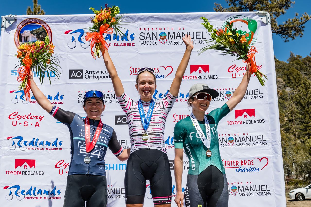 Stage 2 podium (l-r): second place Emma Langley&nbsp;(Virginia&rsquo;s Blue Ridge-TWENTY24), winner Nadia Gontova (DNA Pro Cycling) and third place Eleanor Wiseman (Fount Cycling)