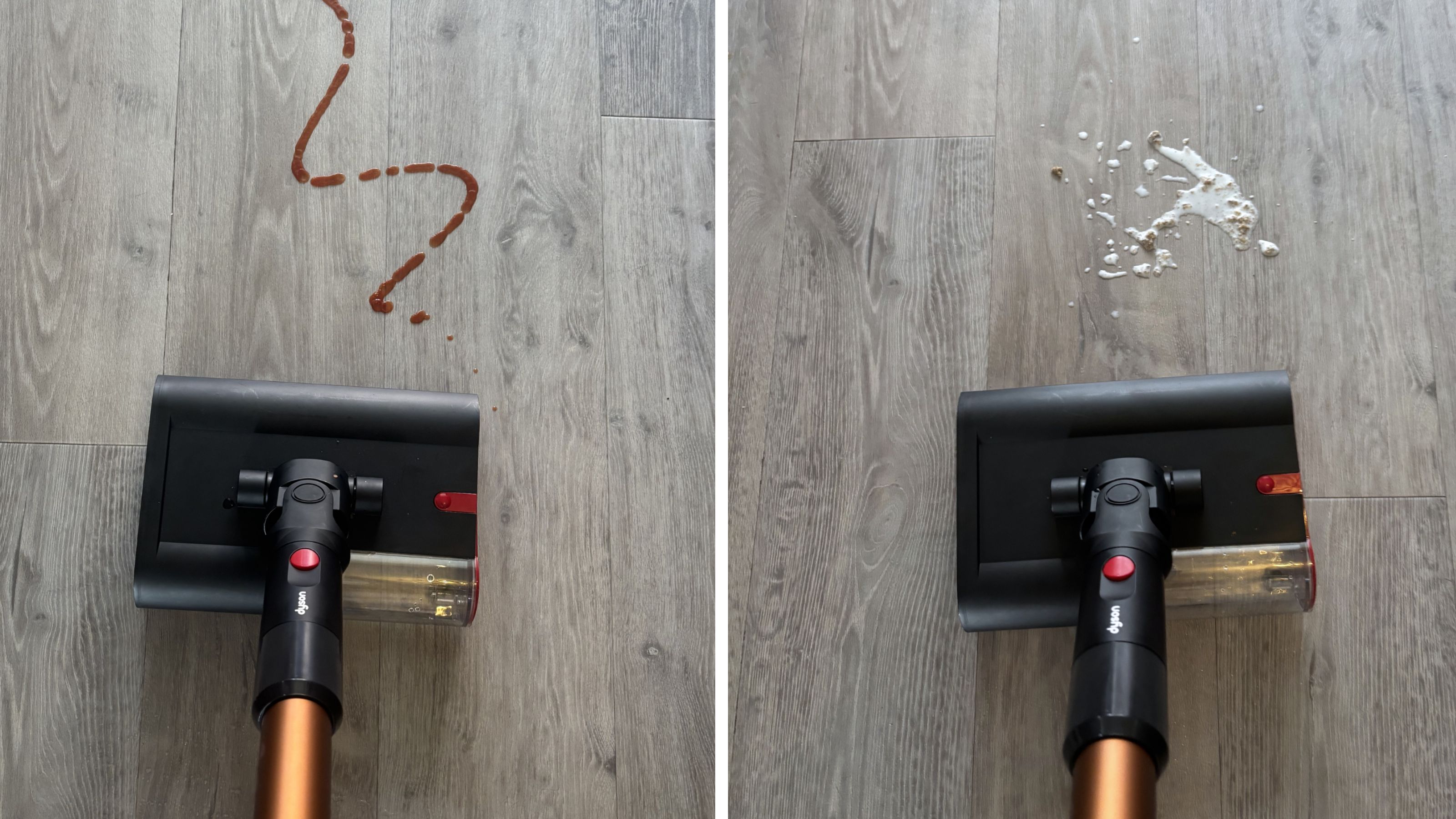 Dyson PencilWash cleaning tomato ketchup and milk and cereal off grey hard flooring