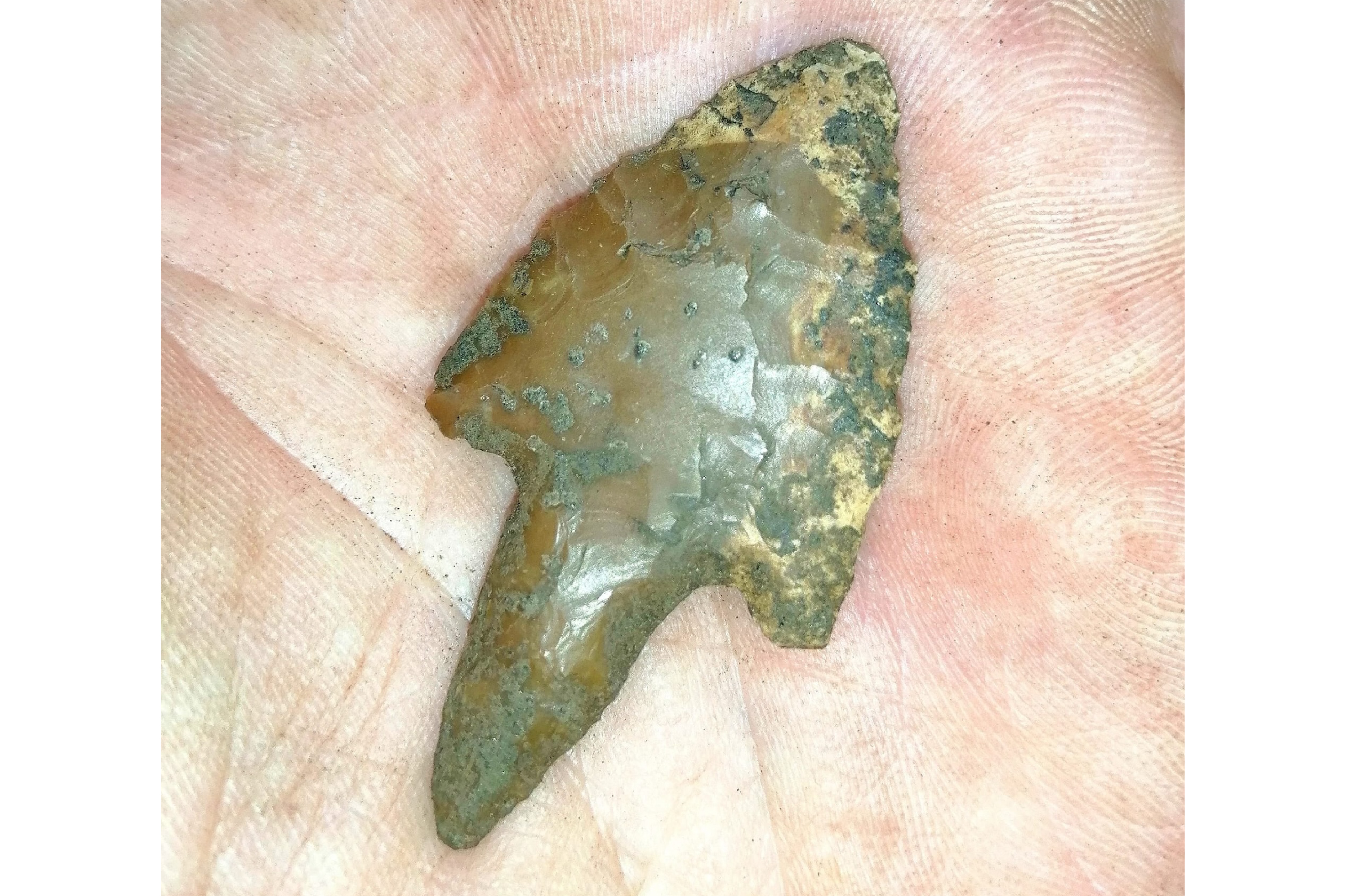 An arrowhead made of flint in the palm of a hand