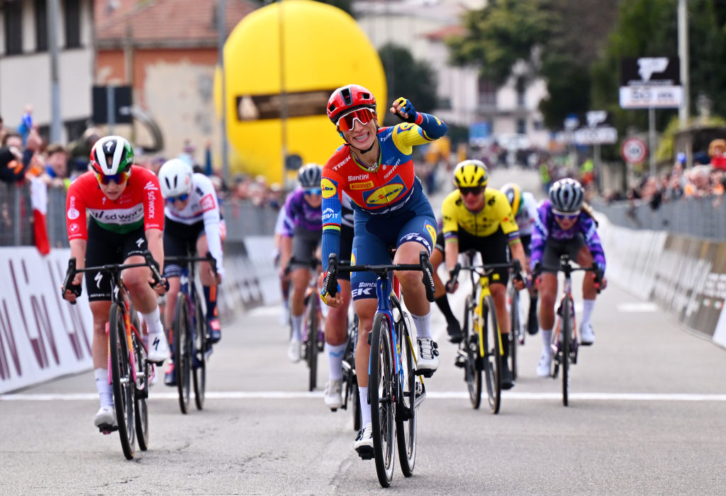 CITTIGLIO, ITALY - MARCH 16: Elisa Balsamo of Italy and Team Lidl - Trek celebrates at finish line as race winner during the 26th Trofeo Alfredo Binda-Comune di Cittiglio 2025 - Women's Elite a 152km one day race from Luino to Cittiglio / #UCIWWT / on March 16, 2025 in Cittiglio, Italy. (Photo by Luc Claessen/Getty Images)