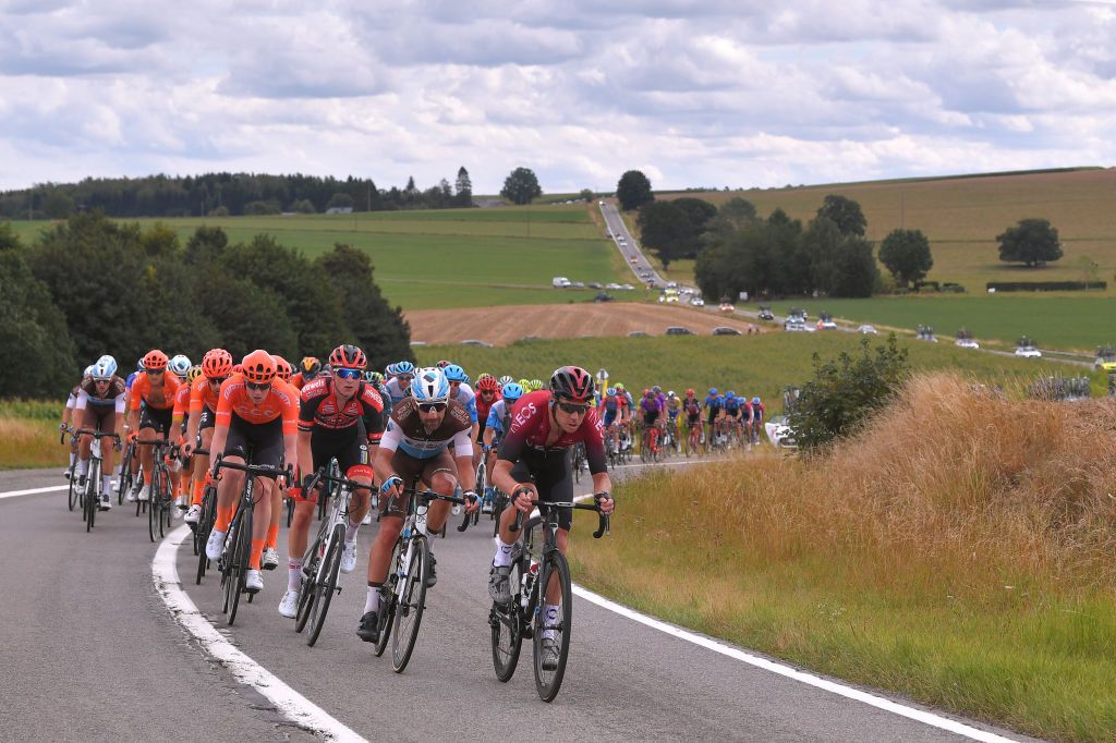 EREZEE BELGIUM AUGUST 19 Julien Duval of France and Team Ag2R La Mondiale Cameron Wurf of Australia and Team INEOS Peloton during the 41st Tour de Wallonie 2020 Stage 4 a 1994km stage from Blegny to Ereze 334m TourdeWallonie TRW2020 on August 19 2020 in Erezee Belgium Photo by Luc ClaessenGetty Images
