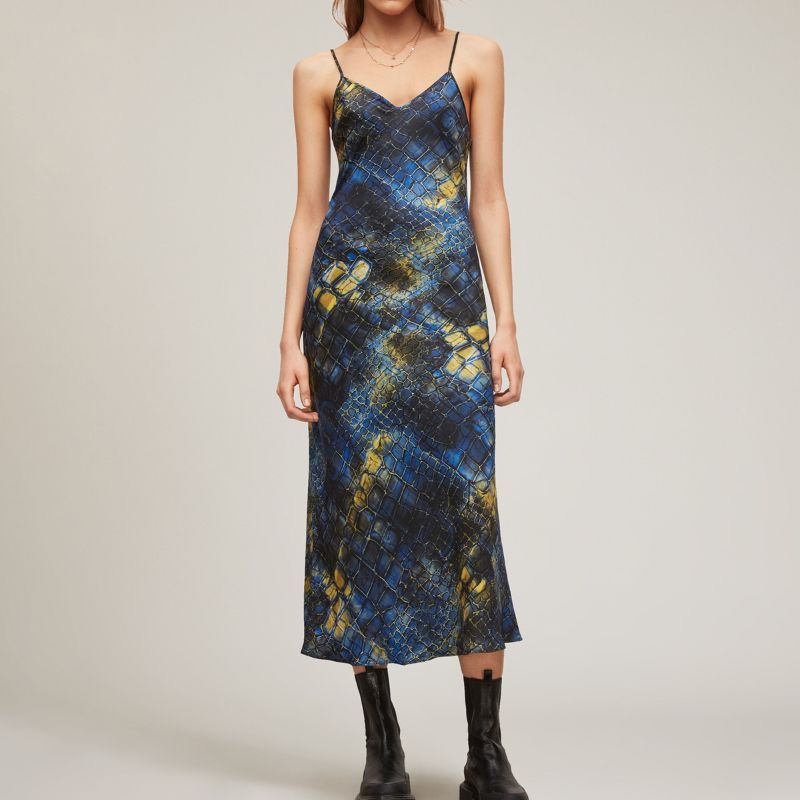 model wearing allsaints bryony dress in deep blue